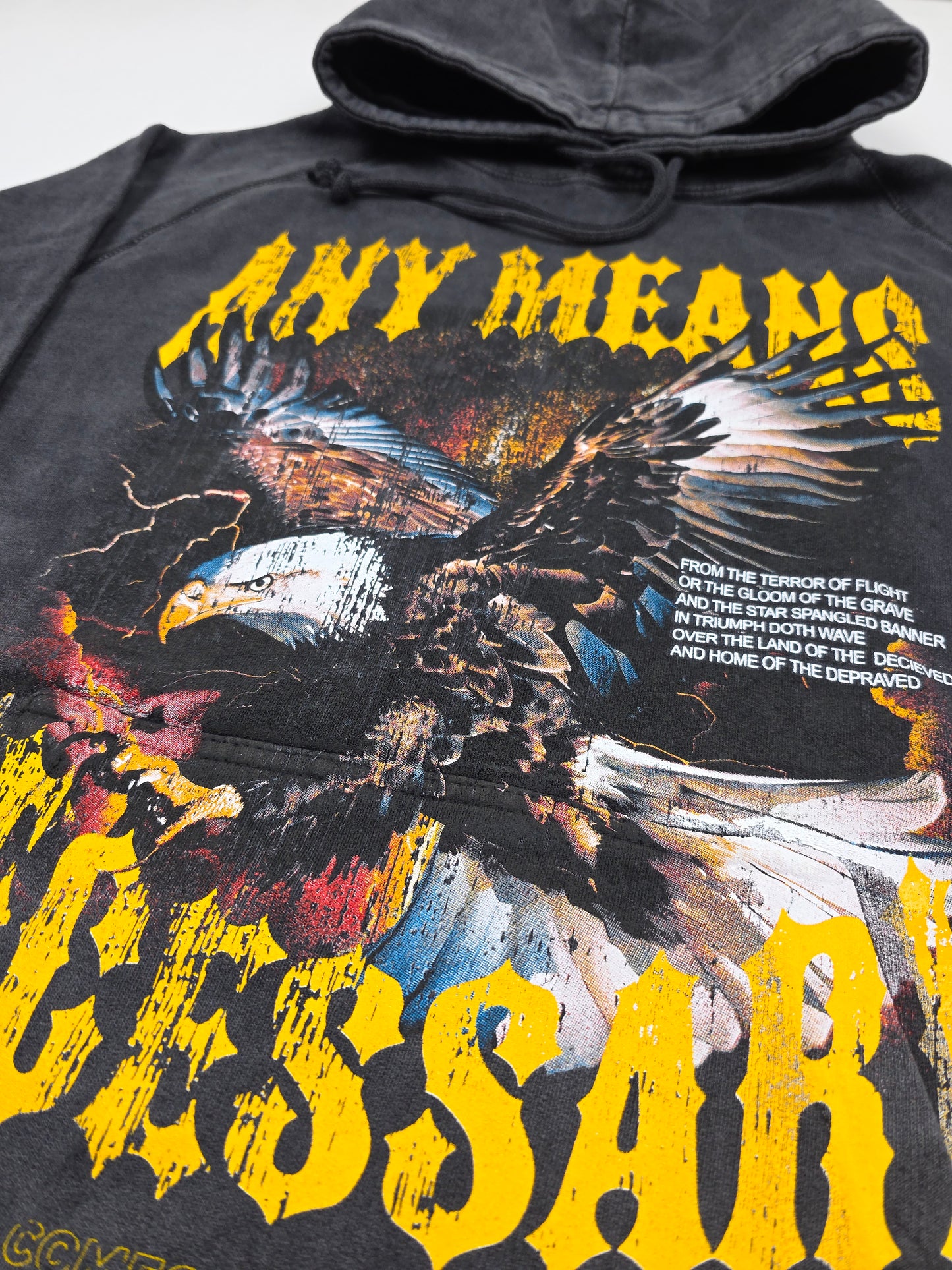 any means necessary shawn coss depraved pullover hoodie vintage black front up close