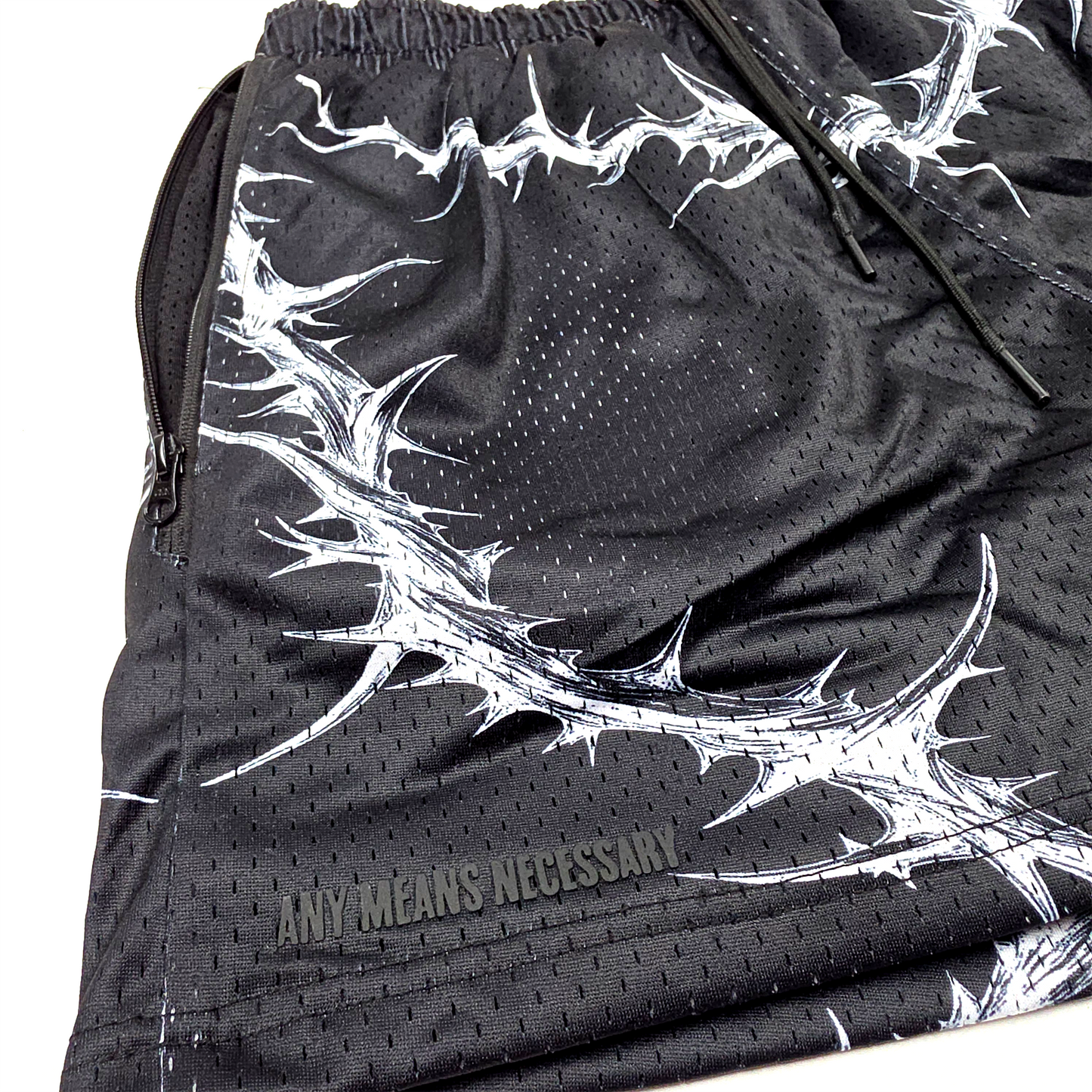 any means necessary shawn coss spina noctis mesh shorts black up close front