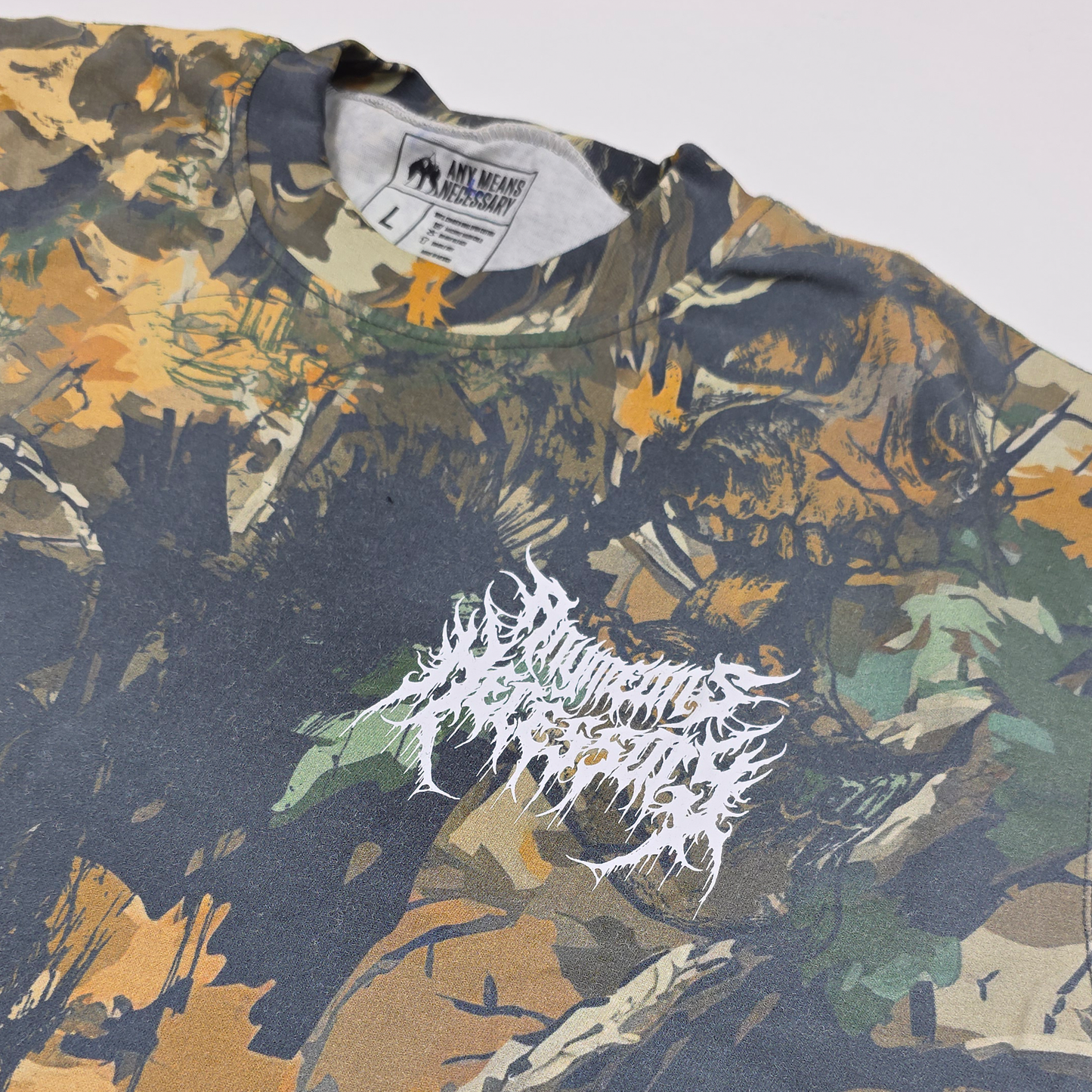 any means necessary shawn coss mayhem t shirt camo up close