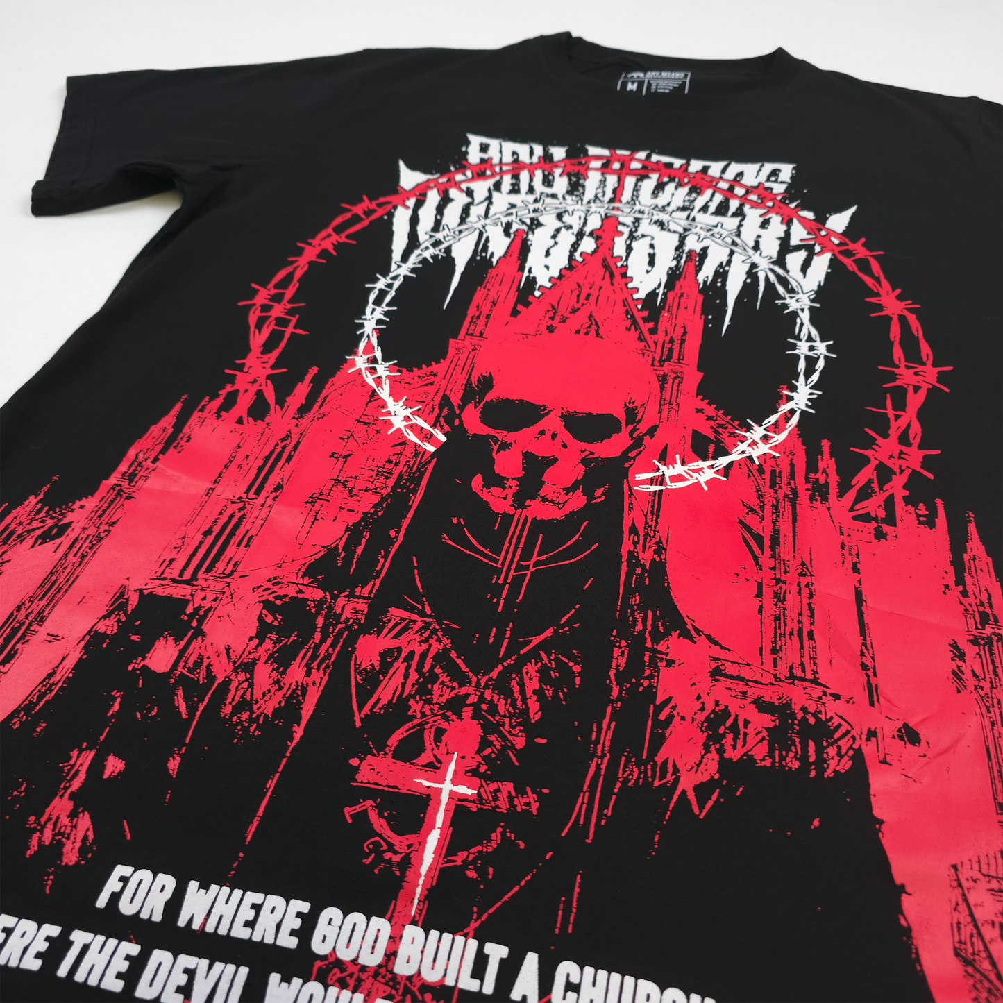 any means necessary shawn coss cathedral t shirt black and red close up