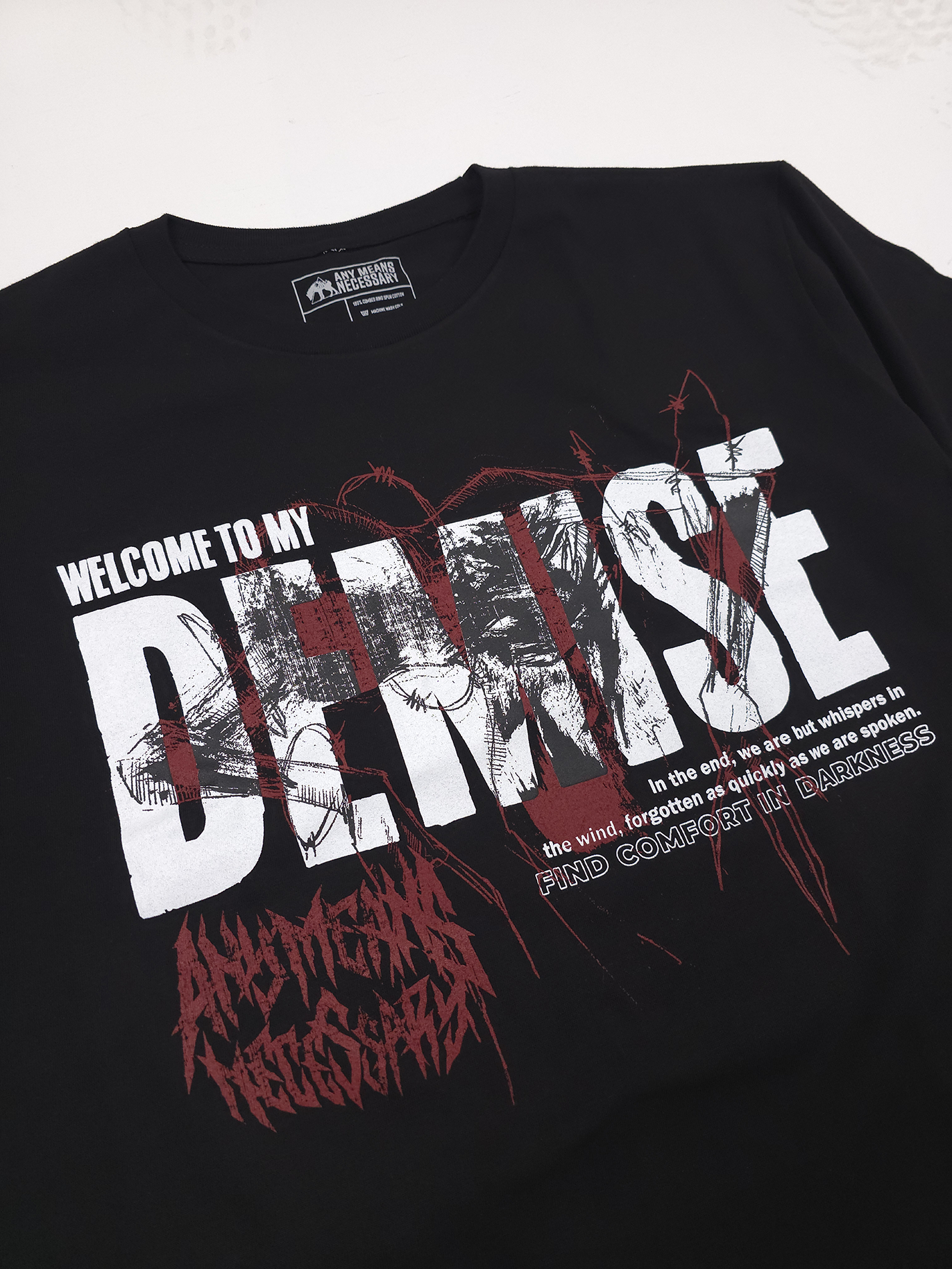 any means necessary shawn coss demise t shirt black up close