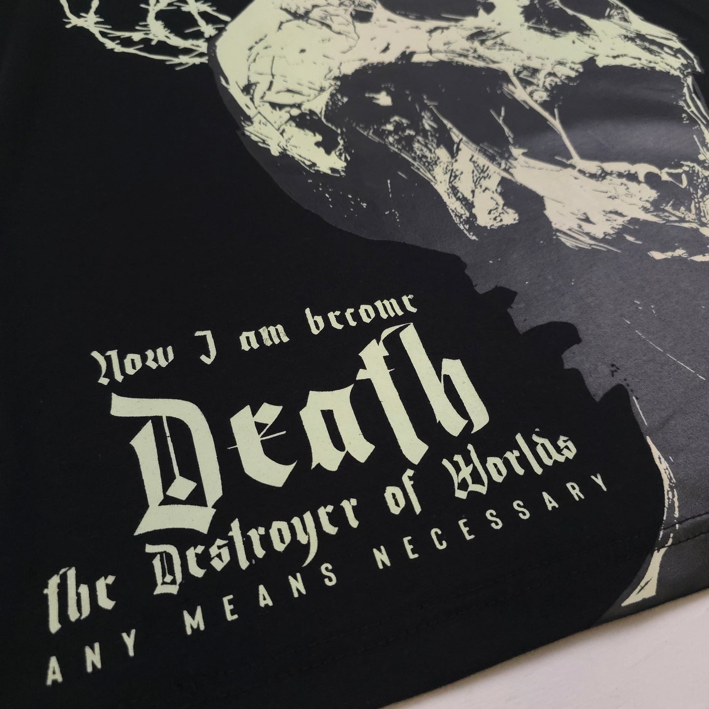 any means necessary shawn coss destroyer of worlds t shirt black up close