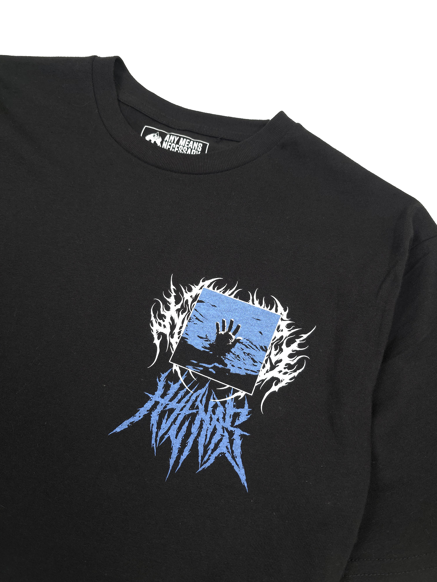 any means necessary shawn coss drown t shirt black front up close