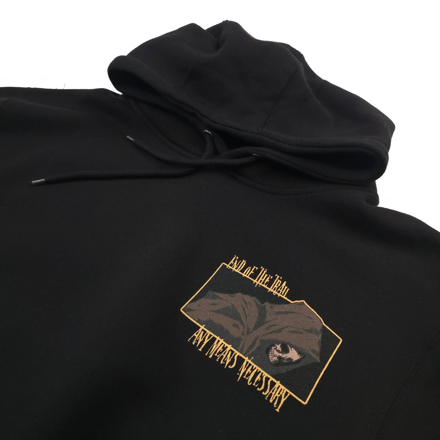any means necessary shawn coss end of the trail pullover hoodie black front close up
