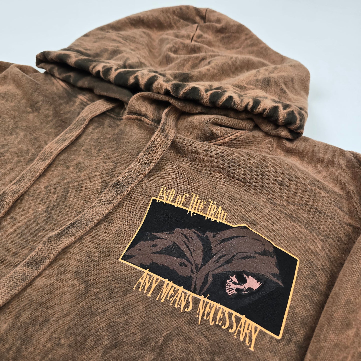 any means necessary shawn coss end of the trail pullover hoodie sun burnt up close front