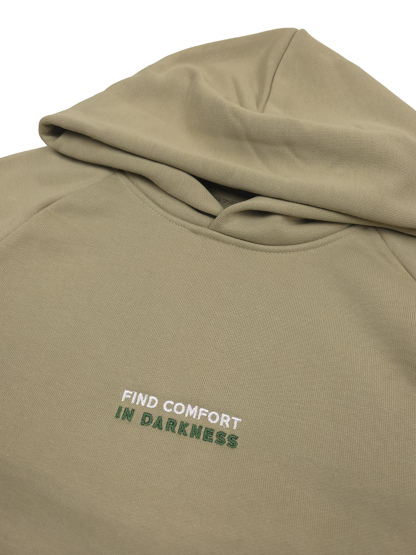 any means necessary shawn coss find comfort in darkness pullover hoodie moss gray up close front