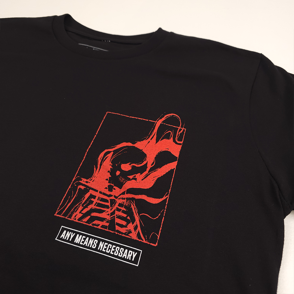 any means necessary shawn coss felt so much t shirt black front up close