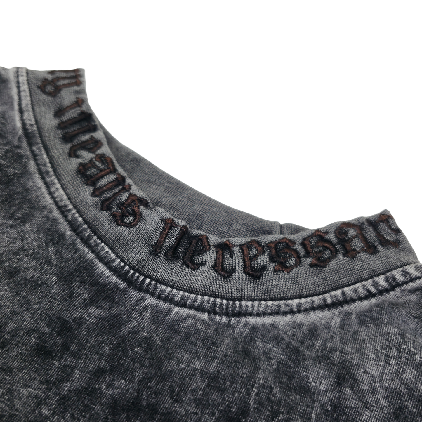 Gray sweatshirt with text on the neckline against a white background