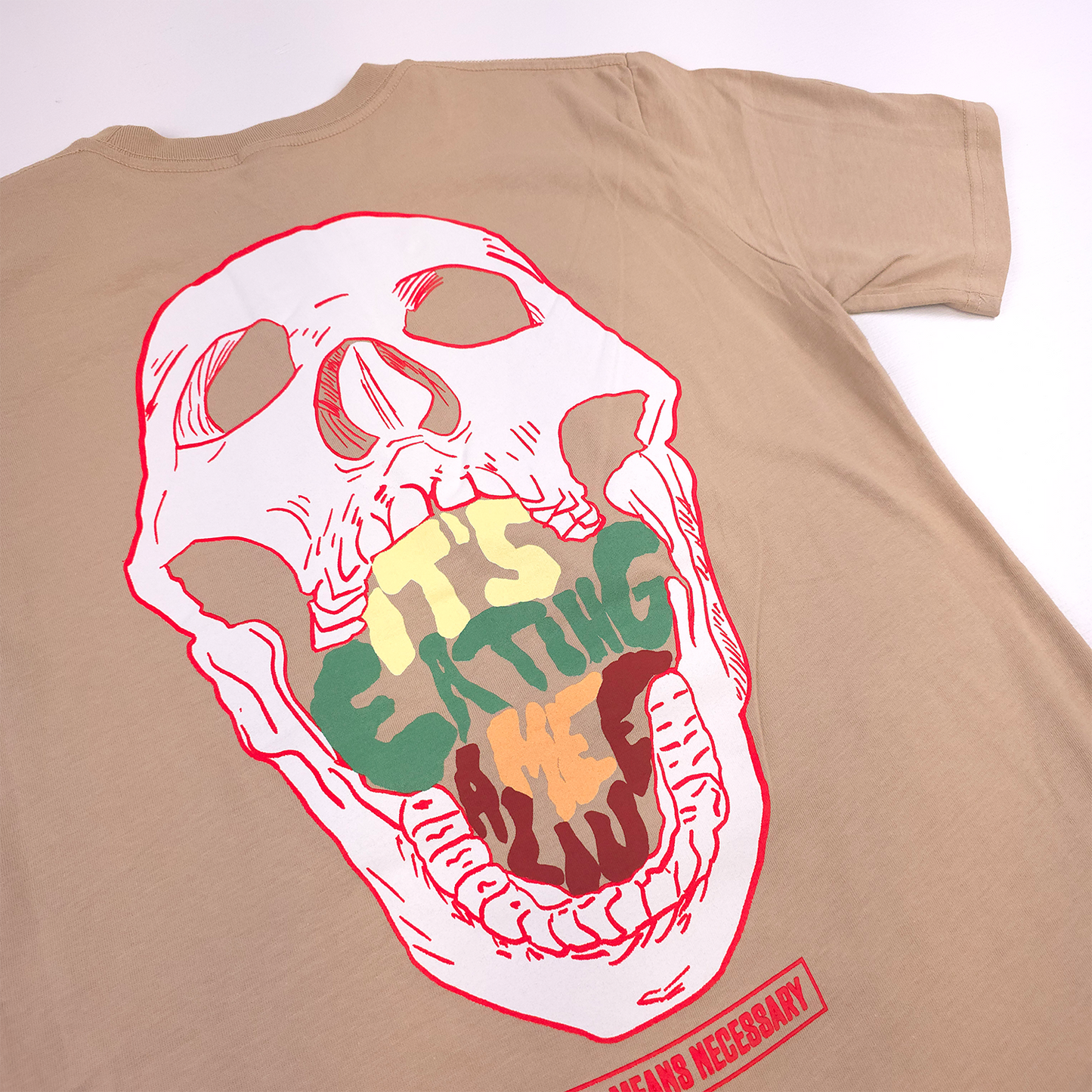 any means necessary shawn coss eating me alive t shirt mushroom tan back up close