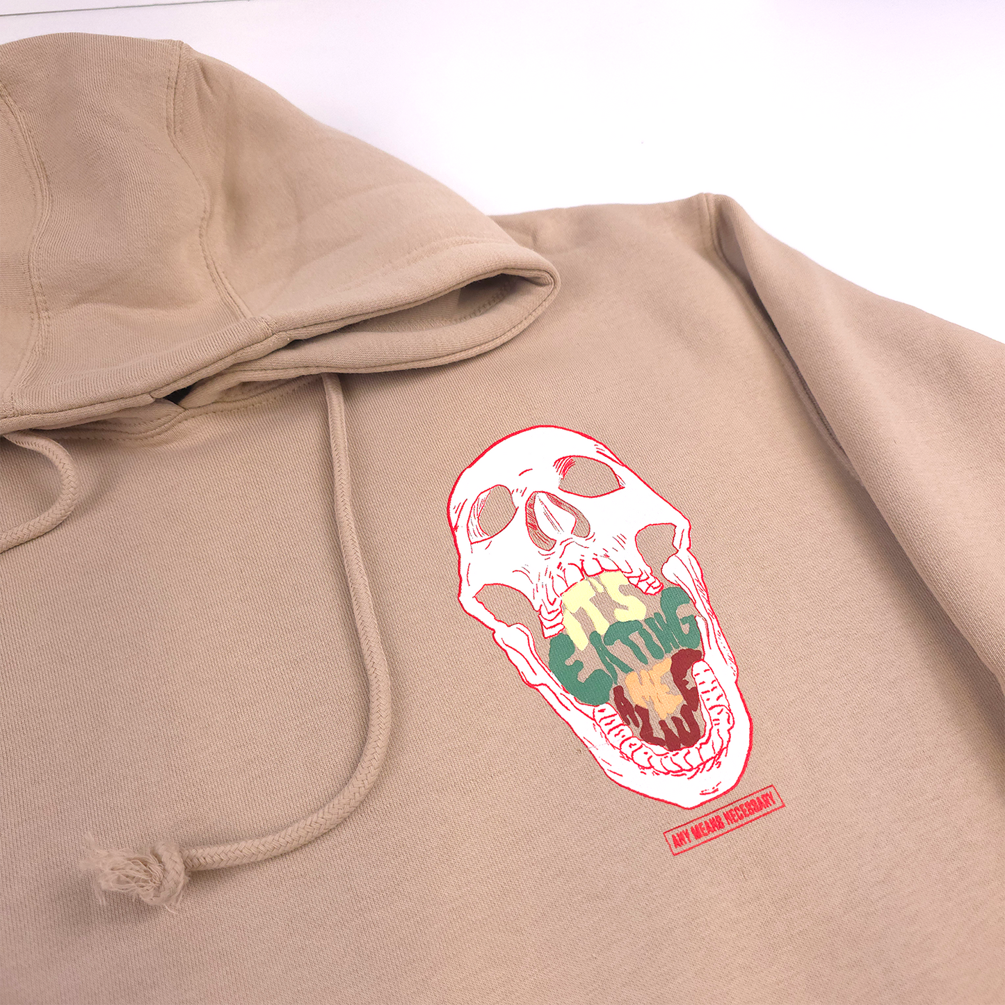 any means necessary shawn coss eating me alive pullover hoodie mushroom tan front up close