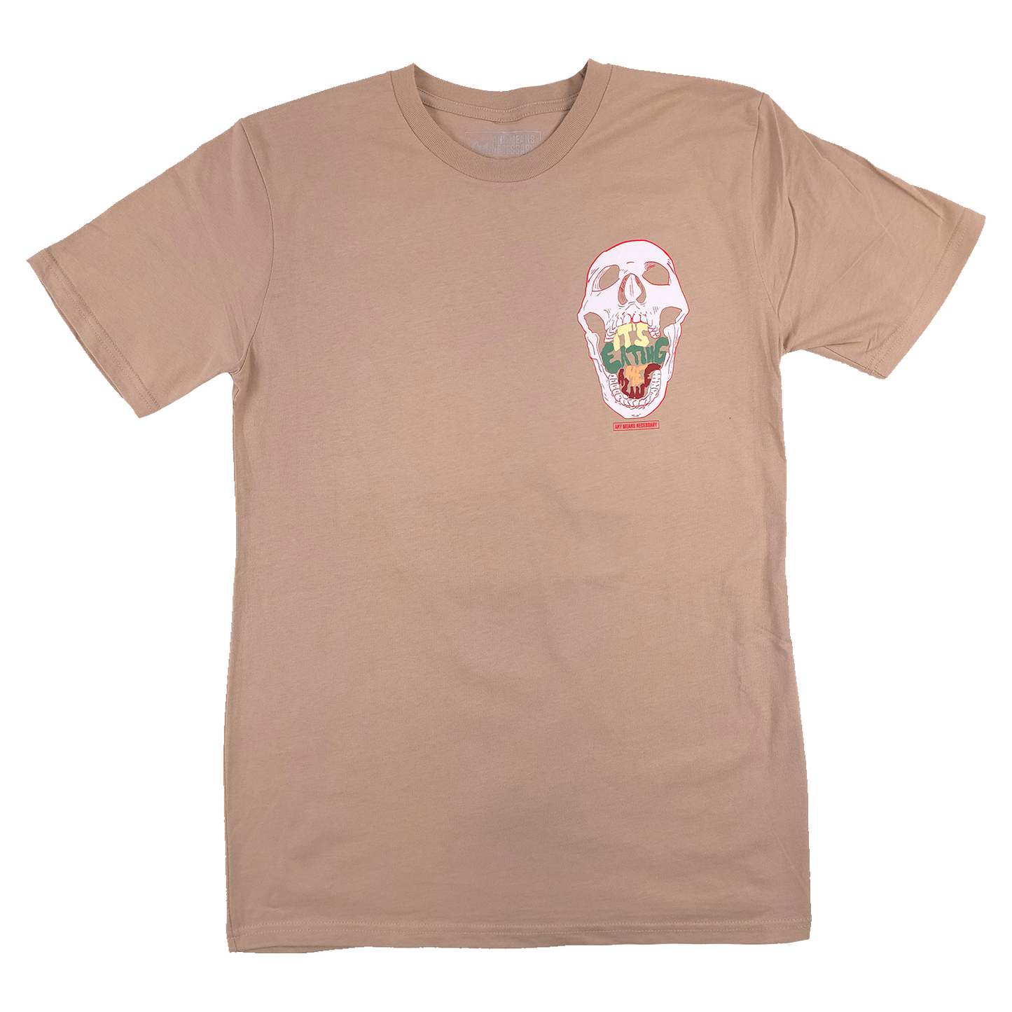 any means necessary shawn coss eating me alive t shirt mushroom tan front