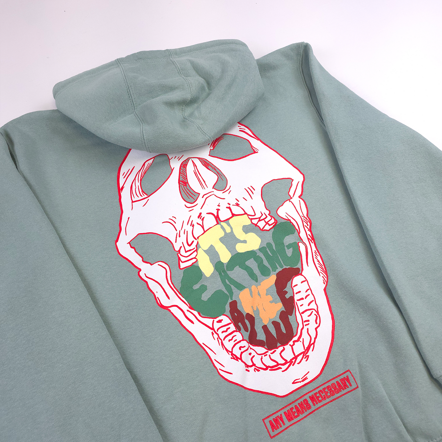 any means necessary shawn coss eating me alive pullover hoodie seafoam back up close