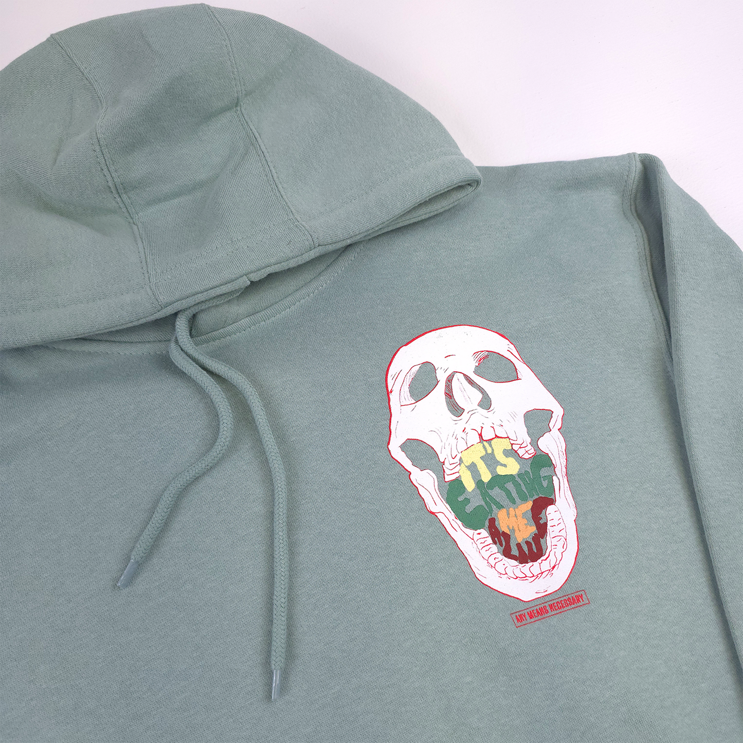 any means necessary shawn coss eating me alive pullover hoodie seafoam front up close