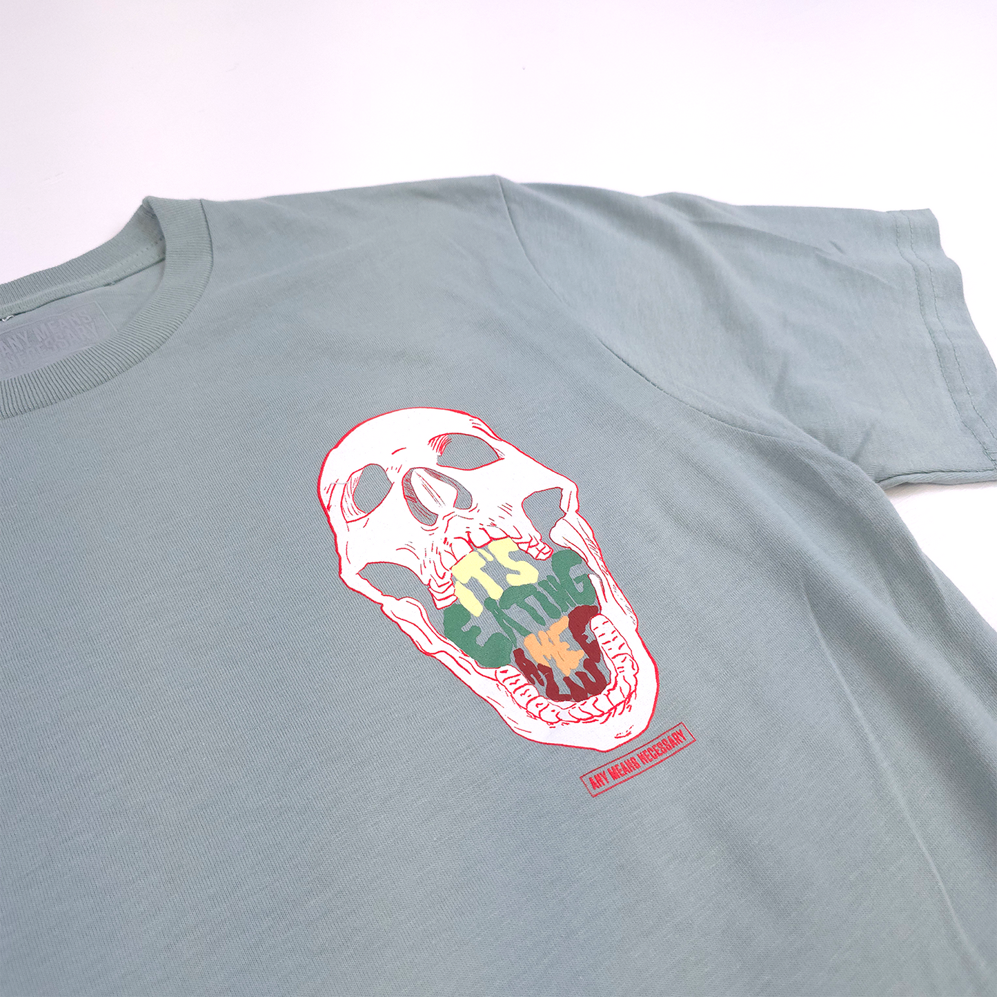 any means necessary shawn coss eating me alive t shirt seafoam front up close