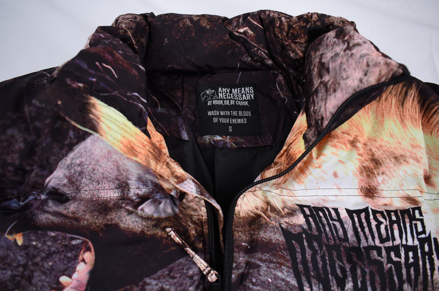 any means necessary shawn coss last stand puffer jacket close up label