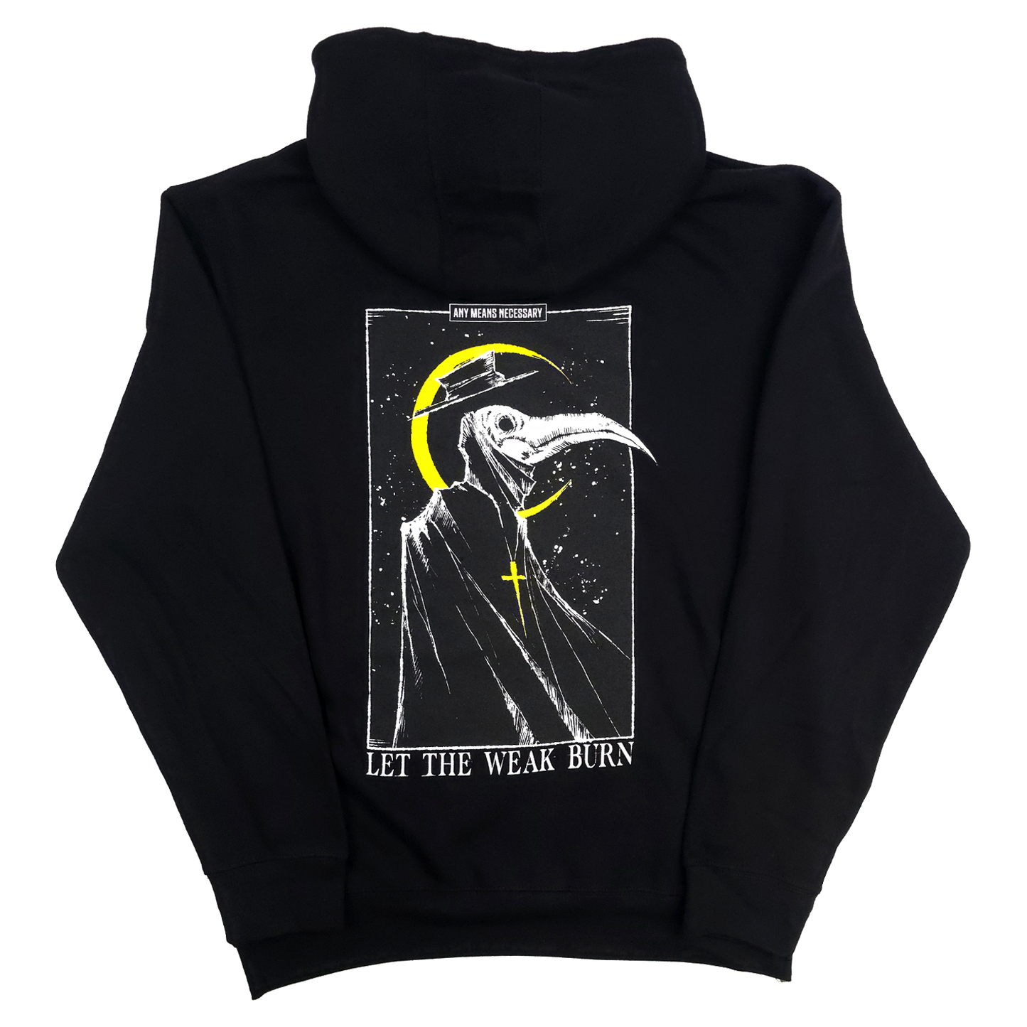 any means necessary shawn coss let the weak burn plague doctor zip up hoodie black back