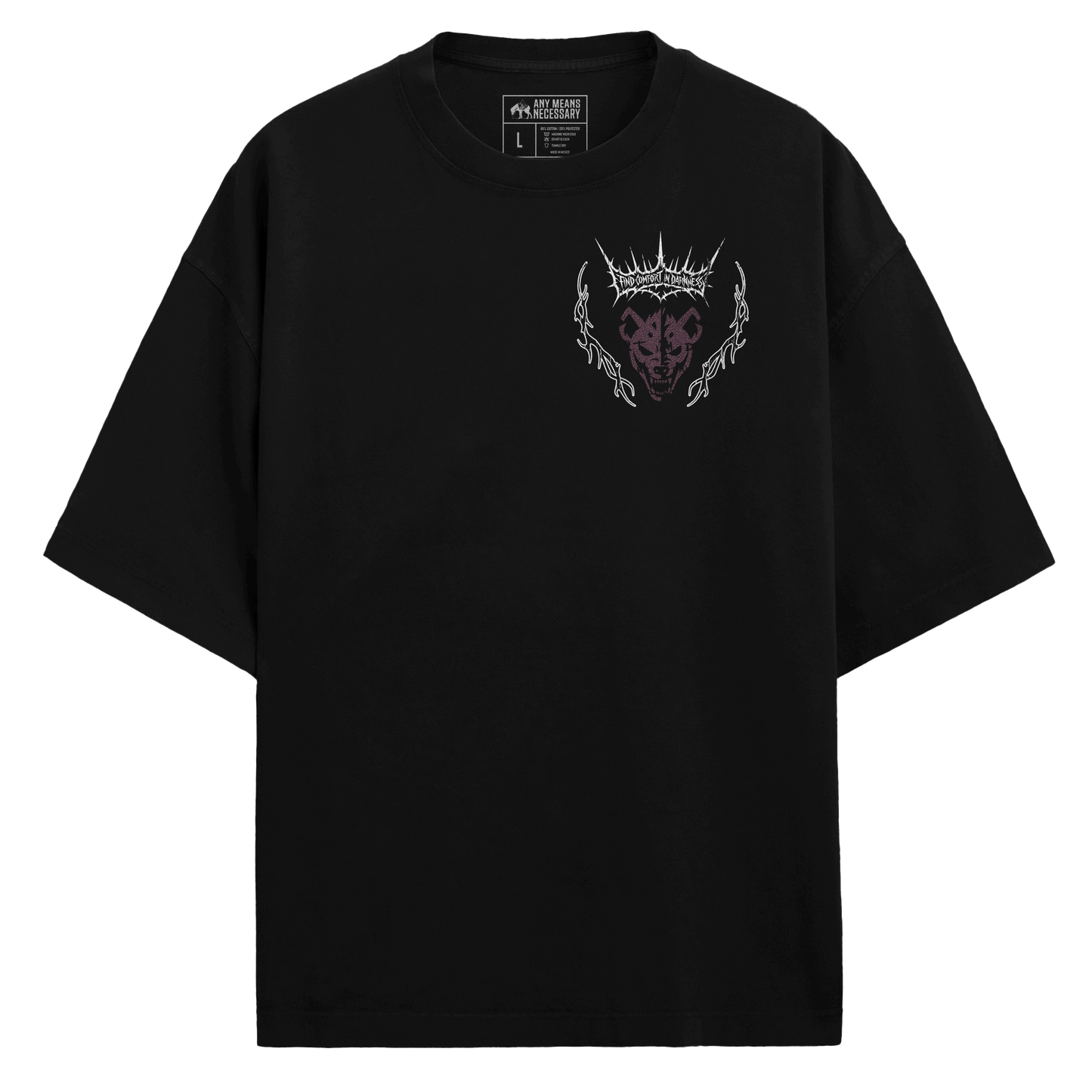any means necessary shawn coss mantra hyena t shirt black front