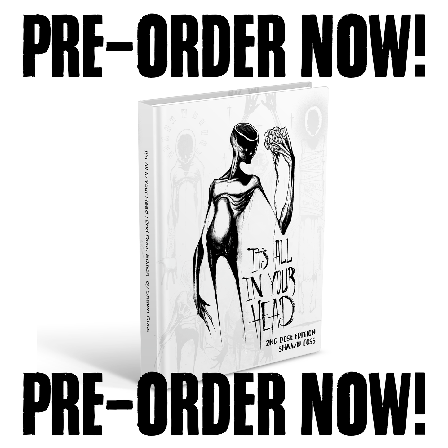 Book with a black and white illustration on a white background, with 'Pre-Order Now!' text.