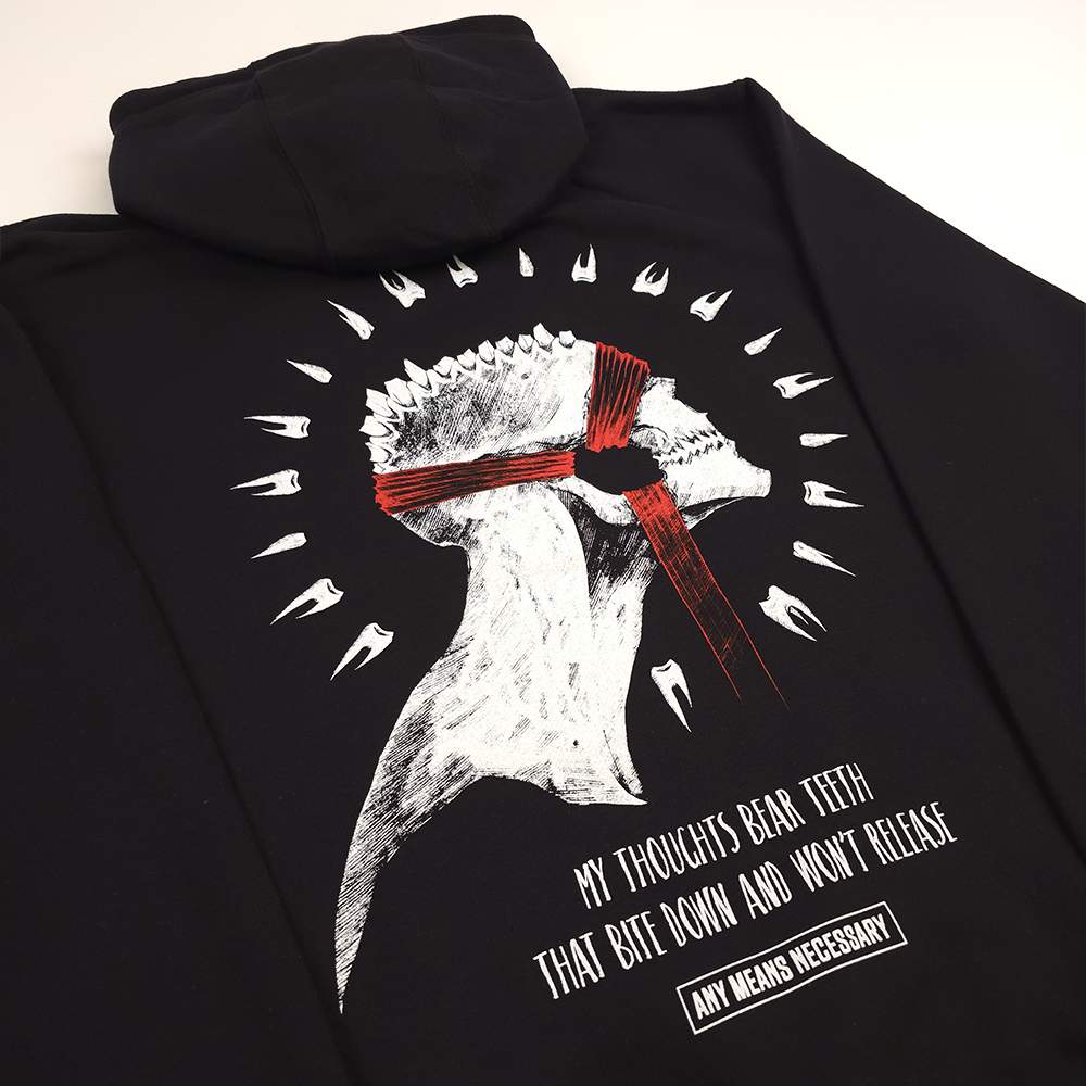 any means necessary shawn coss saw tooth pullover hoodie black back up close