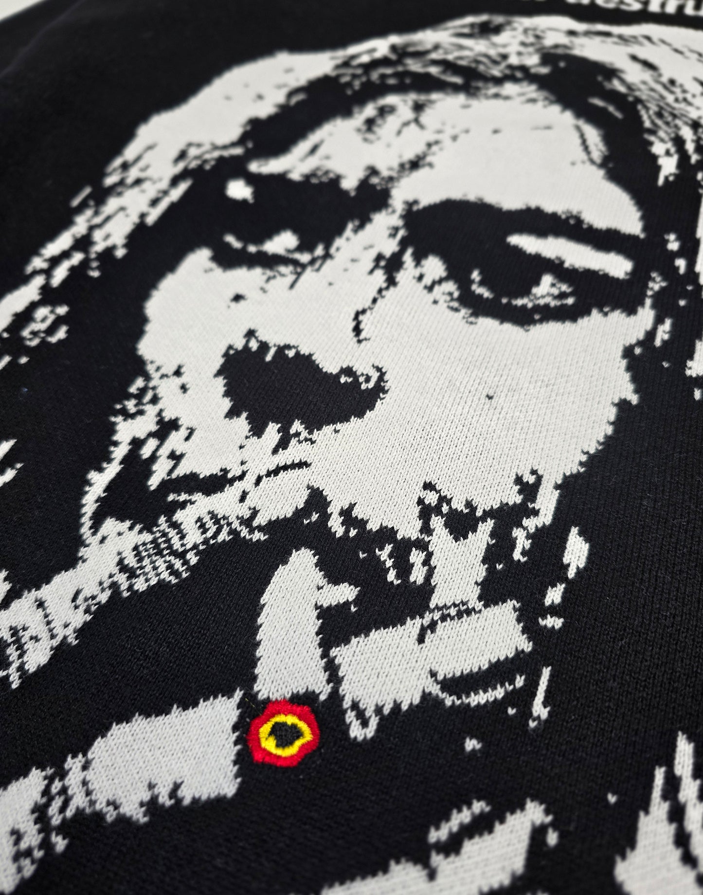 any means necessary shawn coss self destruct knit sweater up close