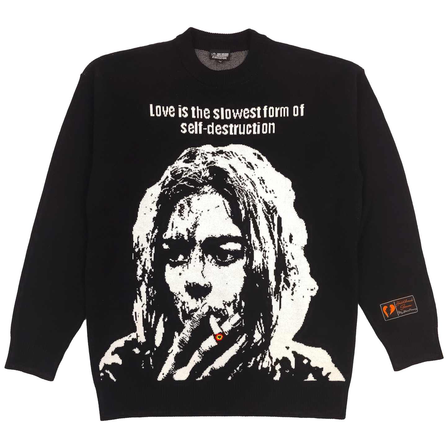 any means necessary shawn coss self destruct knit sweater front