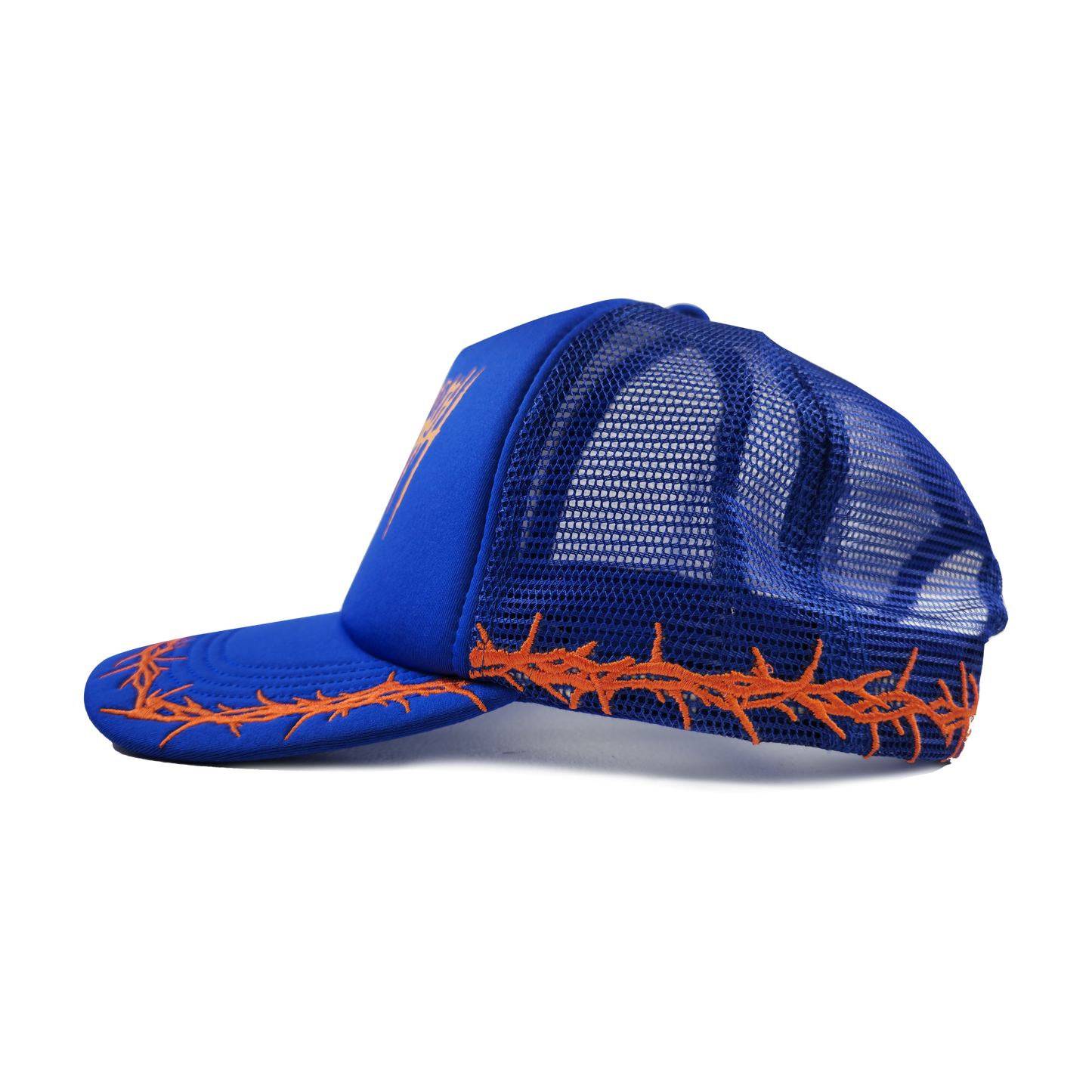 any means necessary shawn coss thorns mesh foam trucker hat blue orange side