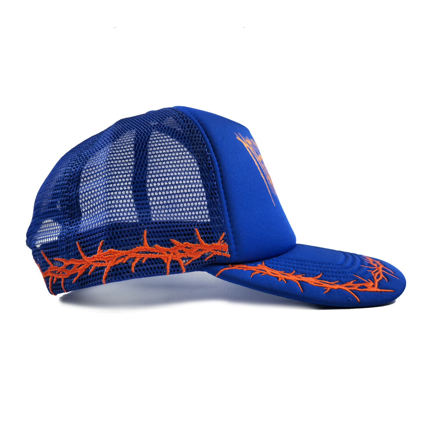 any means necessary shawn coss thorns mesh foam trucker hat blue orange side 2