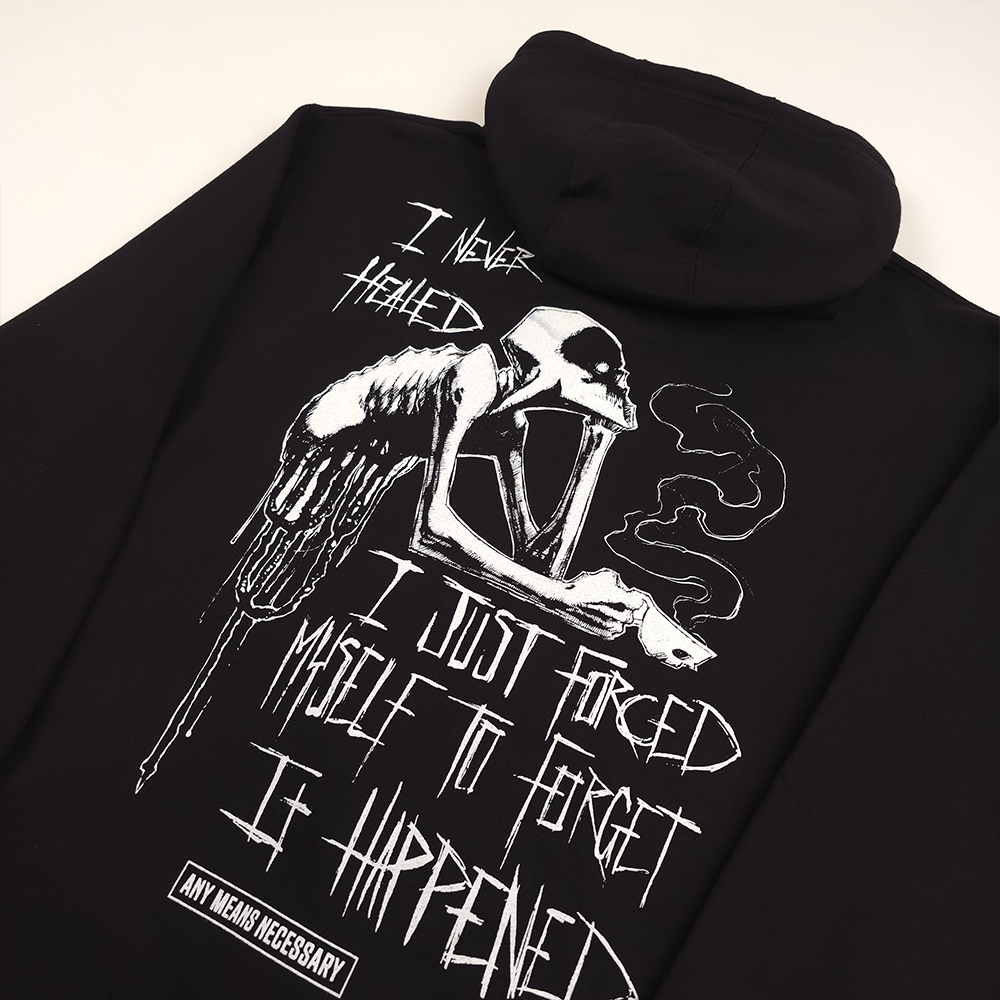 any means necessary shawn coss to forget pullover hoodie black back up close