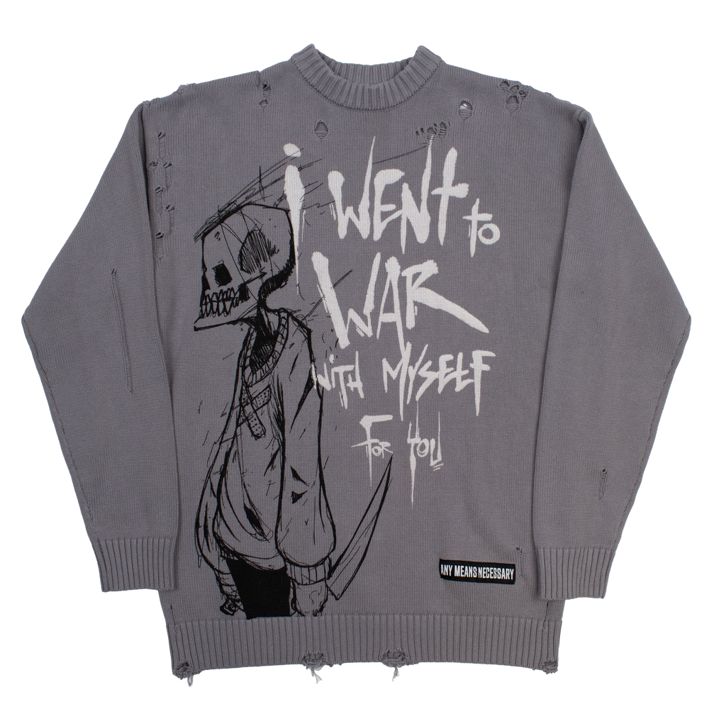 any means necessary shawn coss war with myself knit sweater front