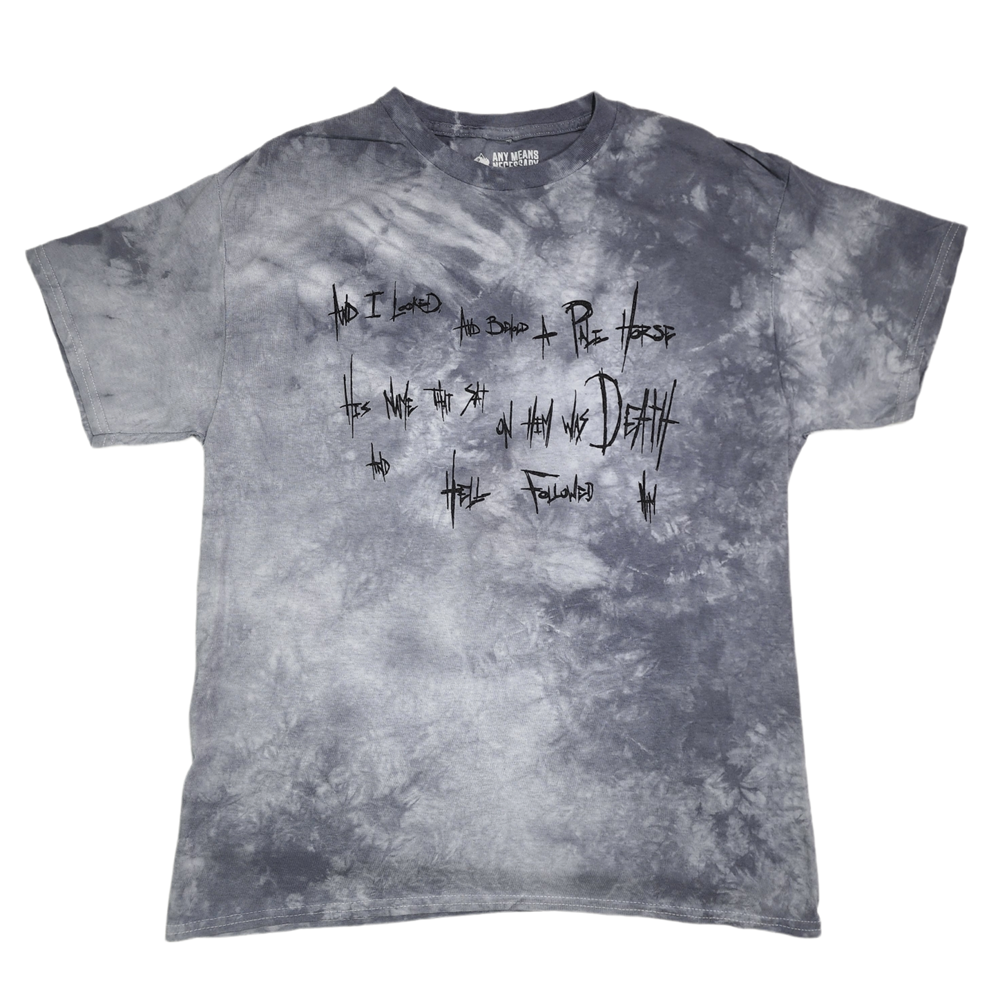 any means necessary shawn coss 4 horsemen pestilence famine war death t shirt pale grey tie dye front