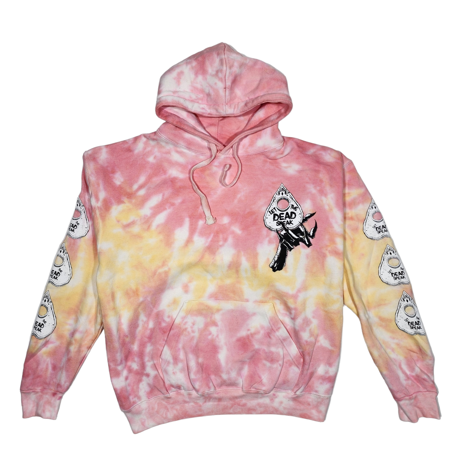 any means necessary shawn coss ouija pullover hoodie plasma tie dye yellow pink front