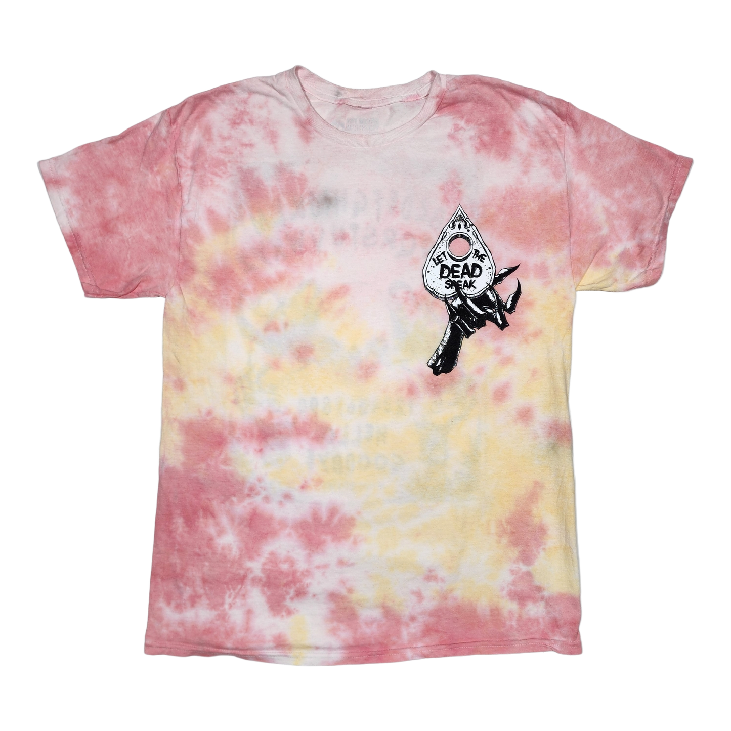 any means necessary shawn coss ouija t shirt plasma tie dye yellow pink front