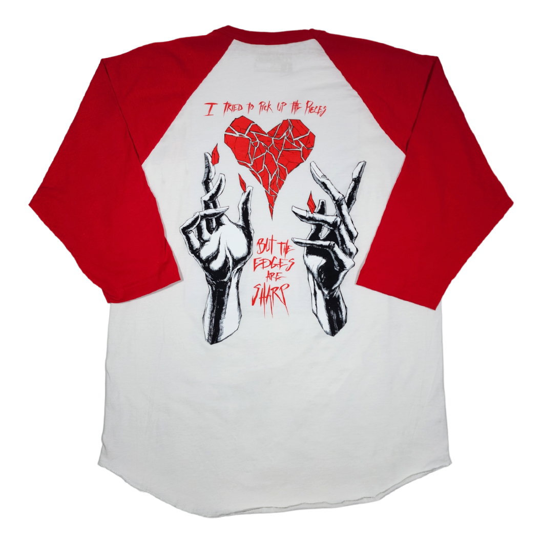 any means necessary shawn coss sharp edges baseball raglan 3/4 sleeve t shirt white and red back