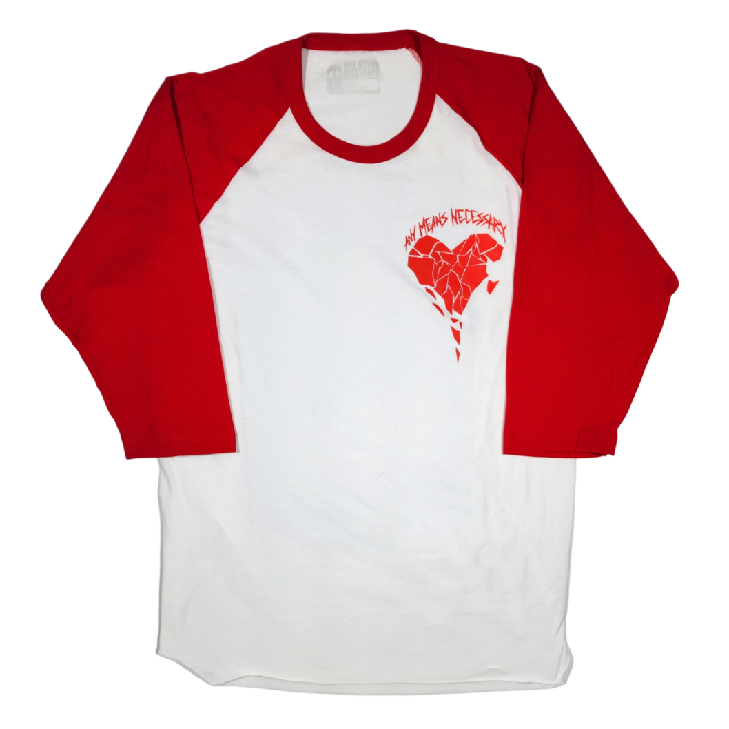 any means necessary shawn coss sharp edges baseball raglan 3/4 sleeve t shirt white and red front