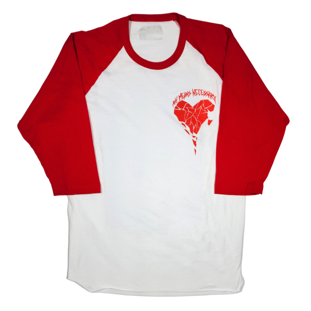 
                  
                    any means necessary shawn coss sharp edges baseball raglan 3/4 sleeve t shirt white and red front
                  
                