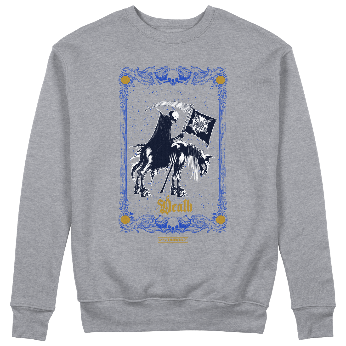 any means necessary shawn coss death tarot crewneck sweatshirt heather grey