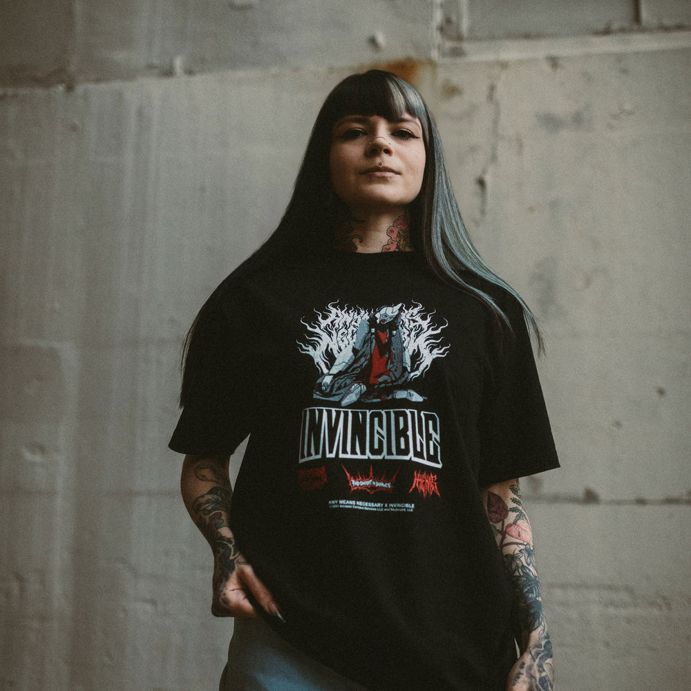 
                      
                        any means necessary shawn coss invincible neck snap t shirt lifestyle front
                      
                    