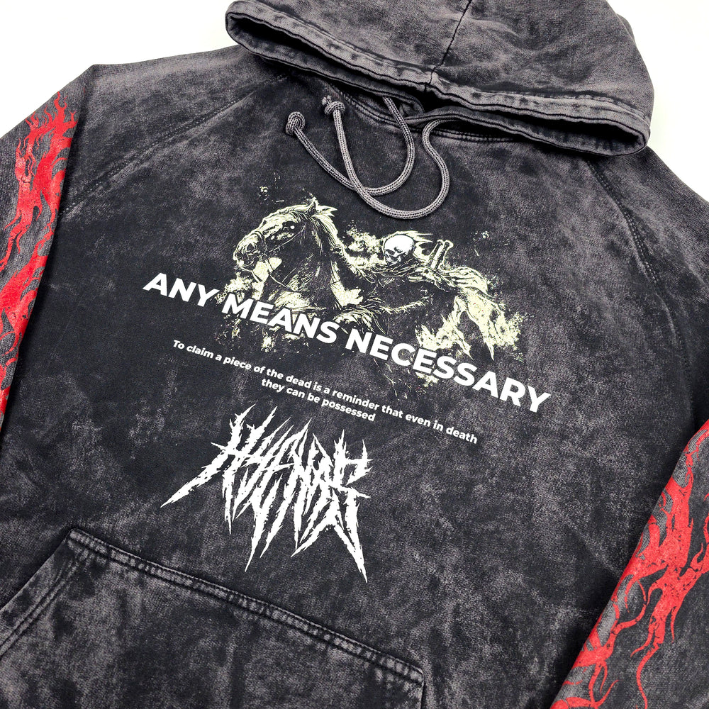 
                      
                        any means necessary shawn coss reclaimer pullover hoodie vintage black back front up close
                      
                    