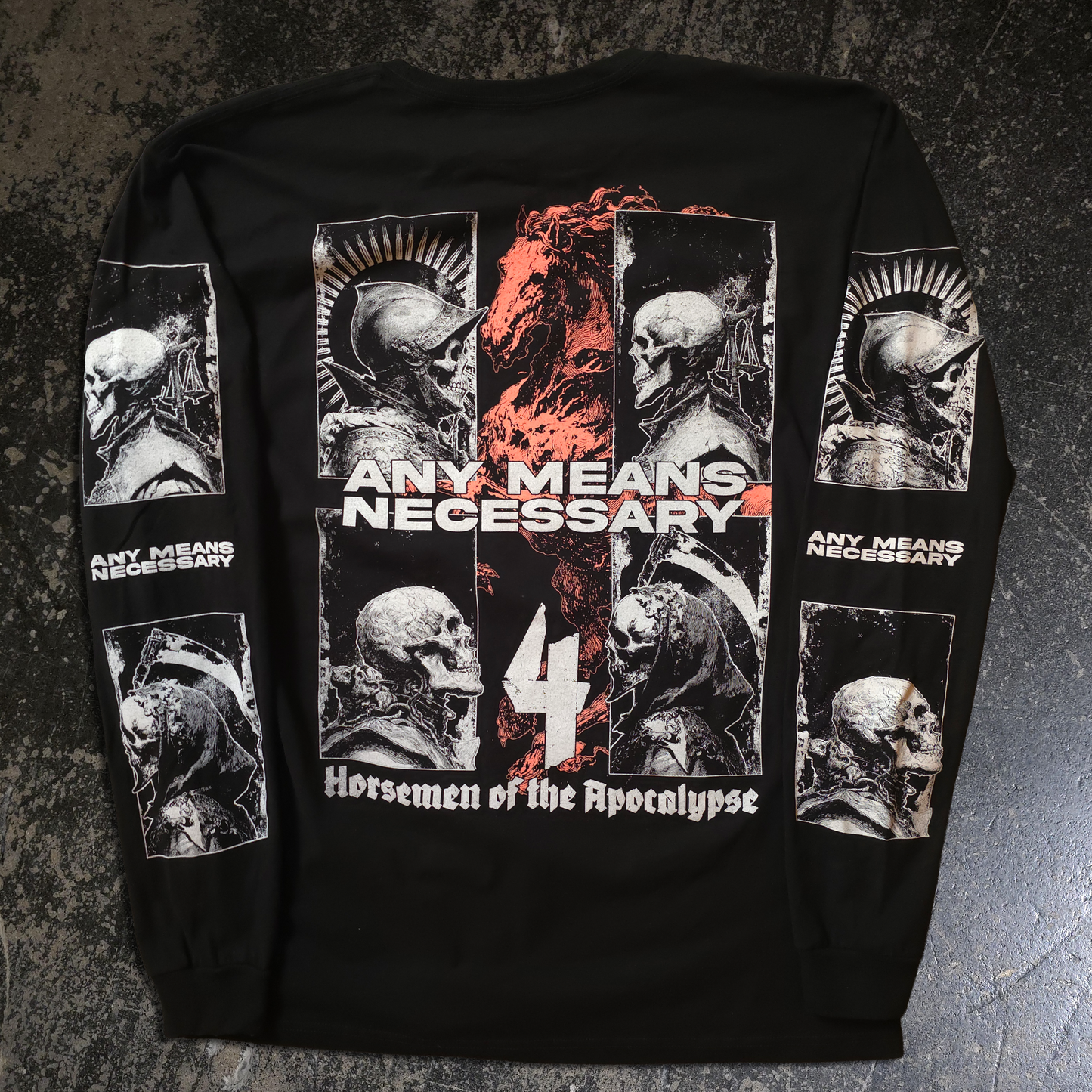any means necessary shawn coss 4 horsemen pestilence famine war death long sleeve shirt black back white ink medieval skeletons