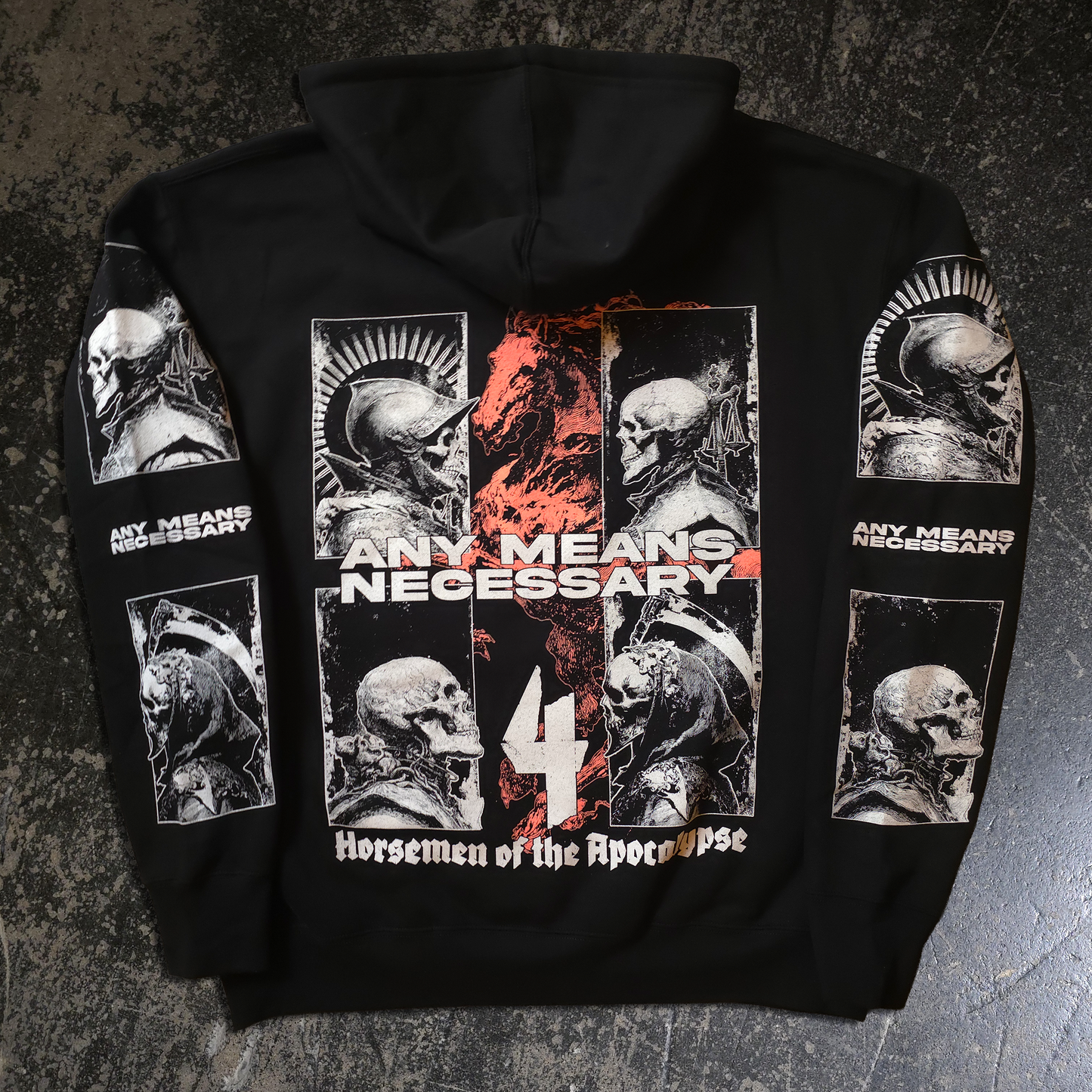 any means necessary shawn coss 4 horsemen pestilence famine war death pullover hoodie black back white ink medieval skeletons