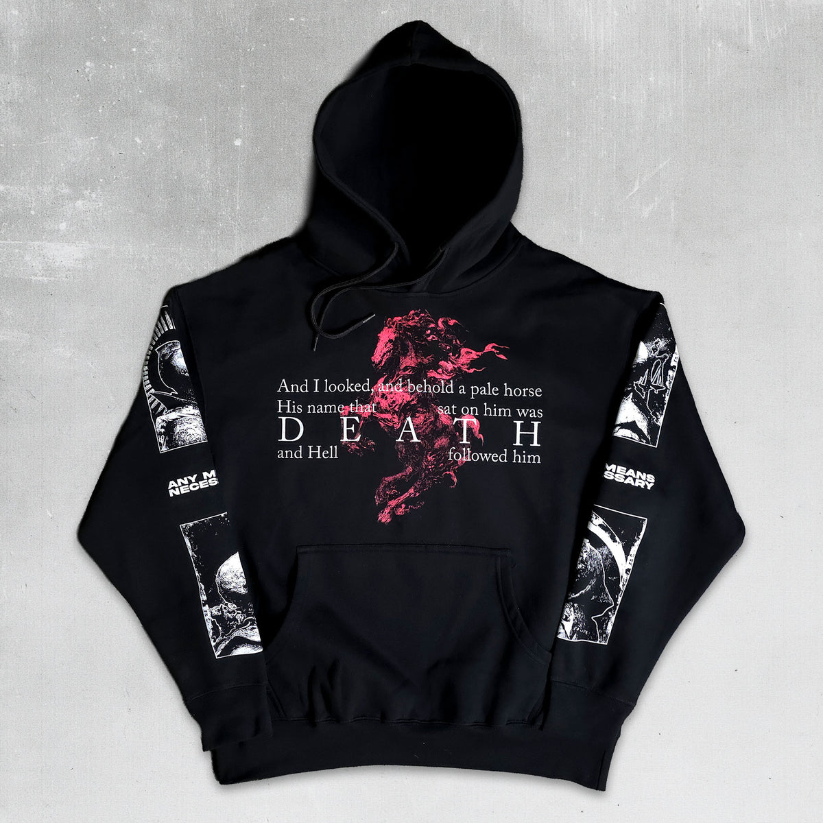 A black pullover hoodie with a front graphic featuring a red horse silhouette, white text, and white sleeve prints, displayed against a textured gray background.