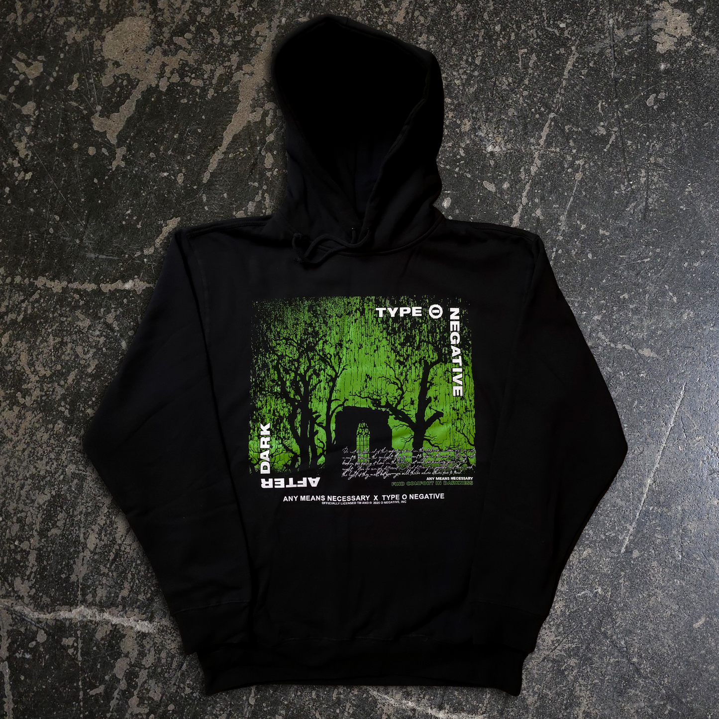 Type O Negative After Dark official design, green graphic hoodie print, white text and lettering, dead trees and gravesite 