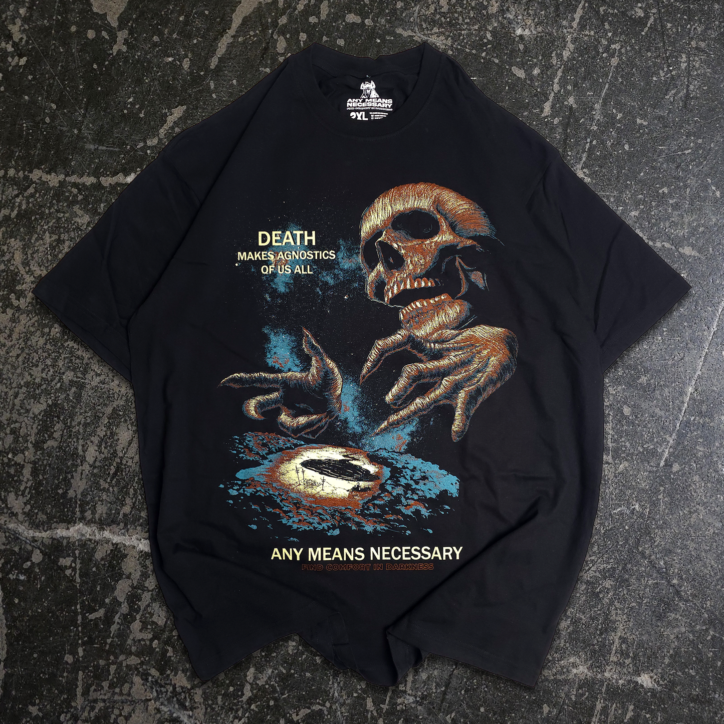 any means necessary shawn coss agnostic t shirt black skull art