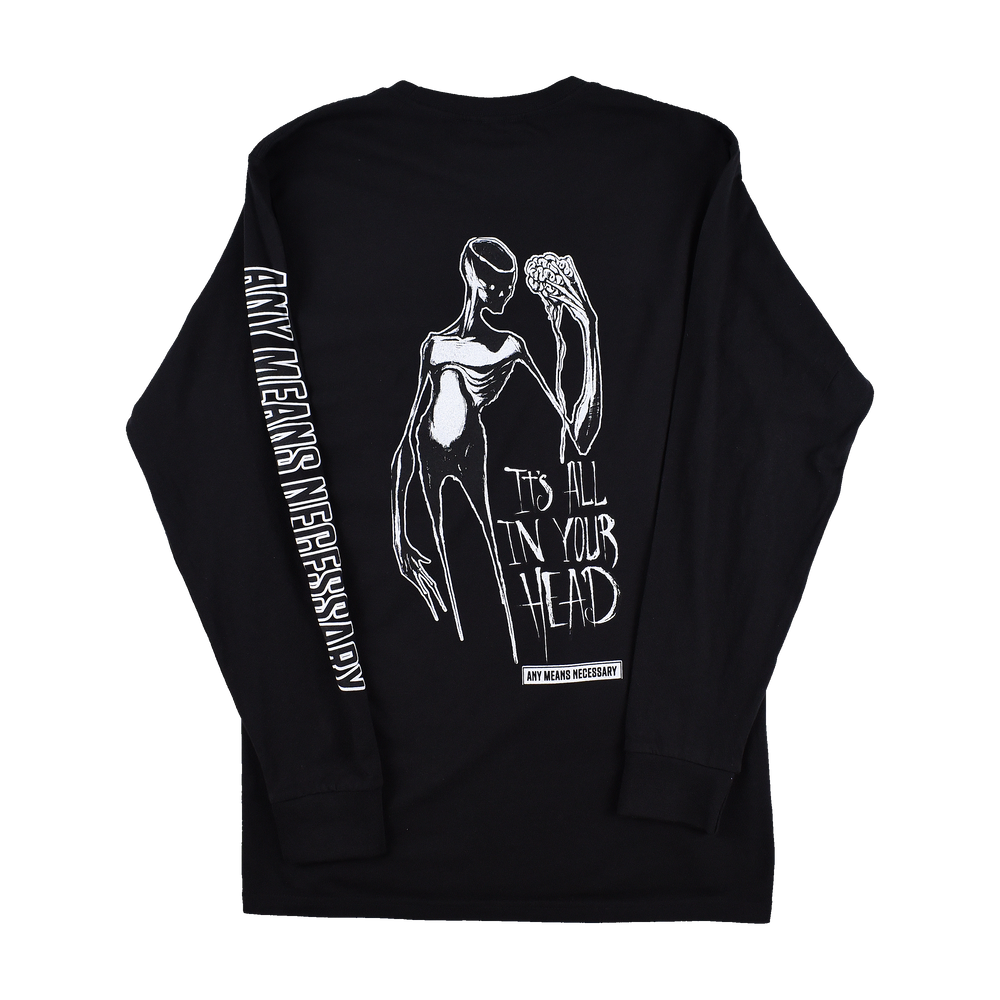any means necessary shawn coss it's all in your head long sleeve t shirt black back