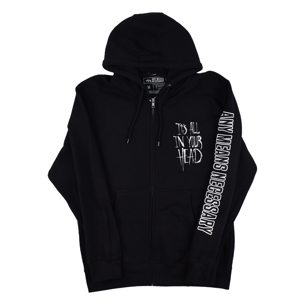 any means necessary shawn coss it's all in your head zip up hoodie black front