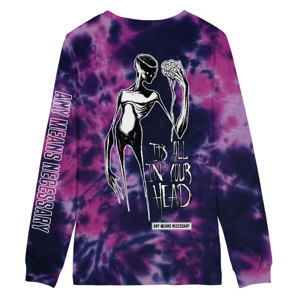 any means necessary shawn coss it's all in your head long sleeve t shirt purple tie dye back