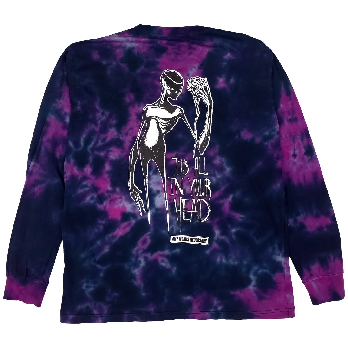 any means necessary shawn coss it's all in your head long sleeve t shirt purple tie dye back