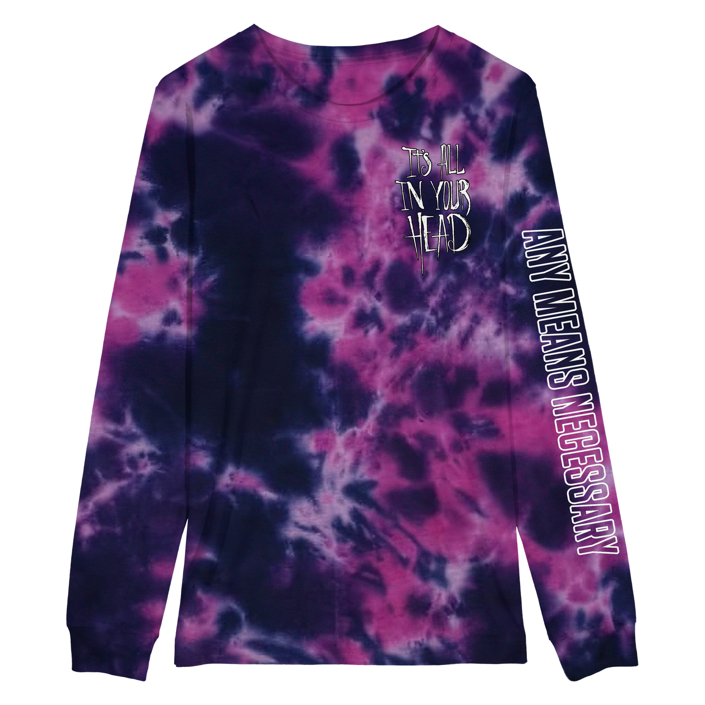 any means necessary shawn coss it's all in your head long sleeve t shirt purple tie dye front