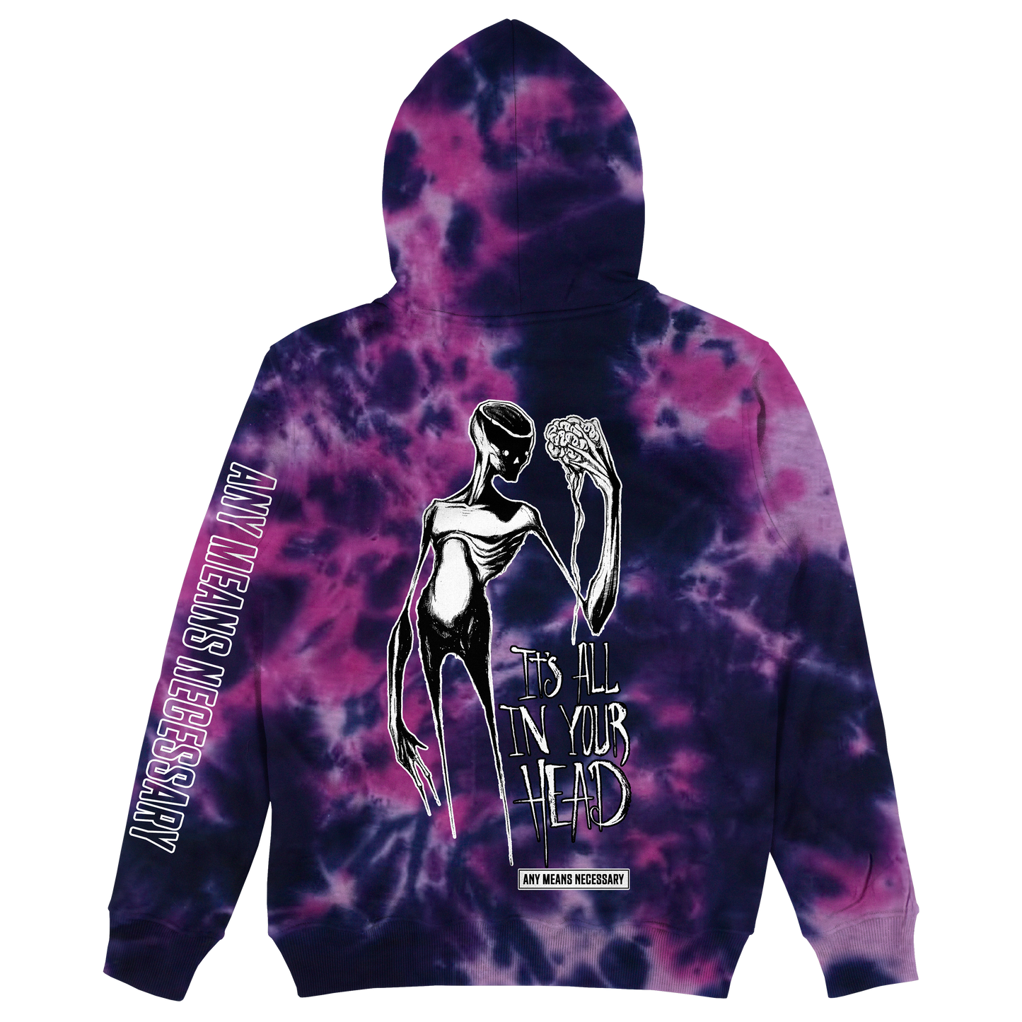 any means necessary shawn coss it's all in your head pullover hoodie purple tie dye back