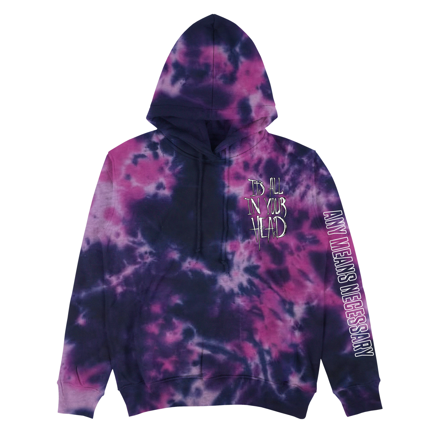 any means necessary shawn coss it's all in your head pullover hoodie purple tie dye front